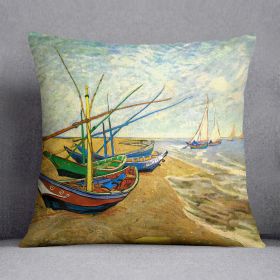 Fishing Boats on the Beach at Saintes-Maries by Van Gogh Cushion (Insert: With Insert, size: 14" X 14")